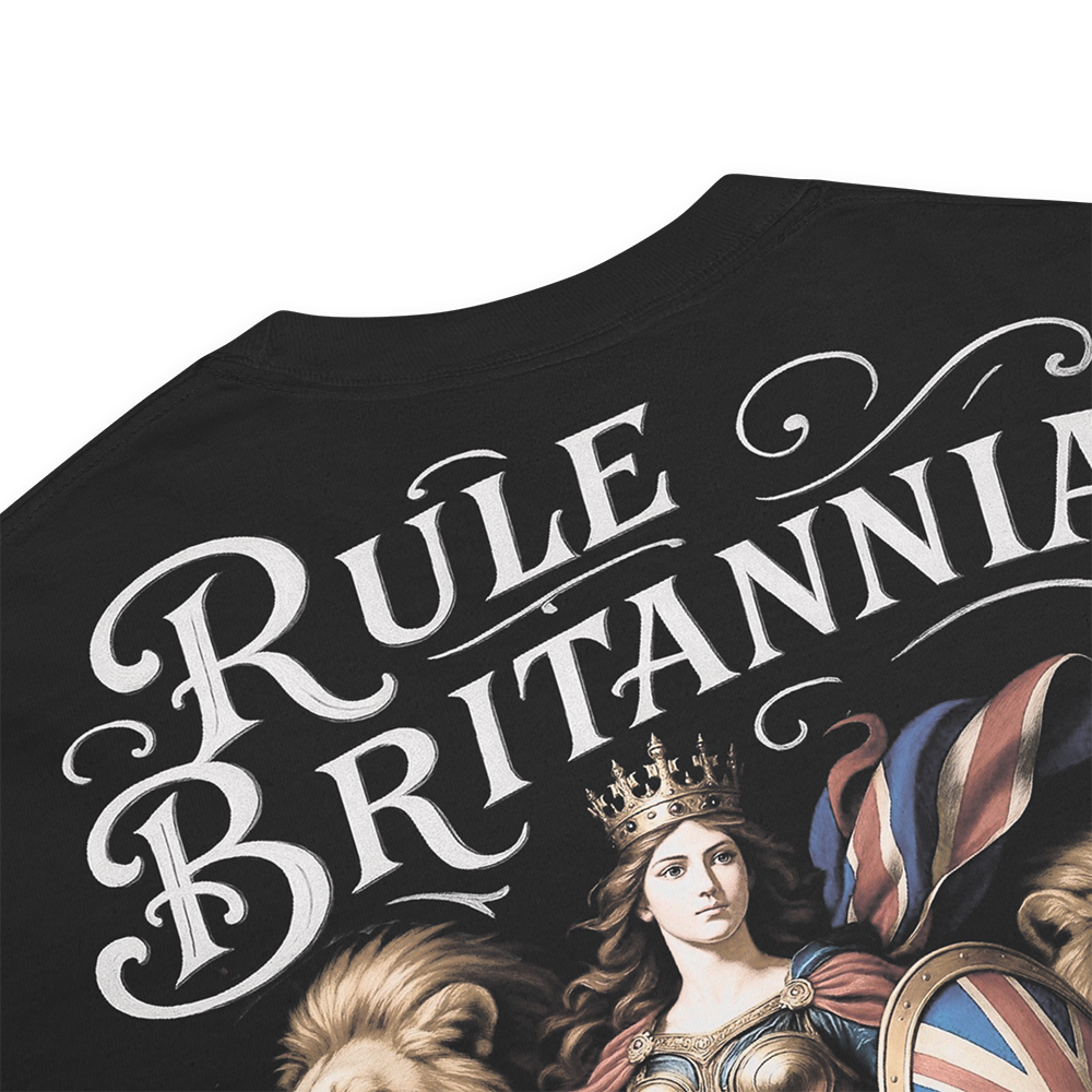 Close up of back collar of Black short sleeve unisex fit classic cotton T-Shirt by Achilles Tactical Clothing Brand printed with Large Rule Britannia design across back