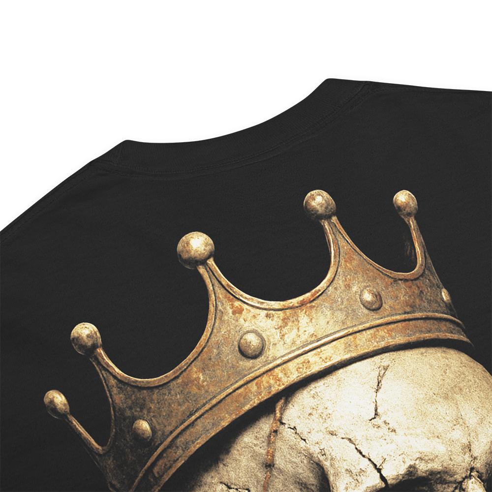 Close up of back collar of Black short sleeve unisex fit classic cotton T-Shirt by Achilles Tactical Clothing Brand printed with Large Heavy is the head design across back