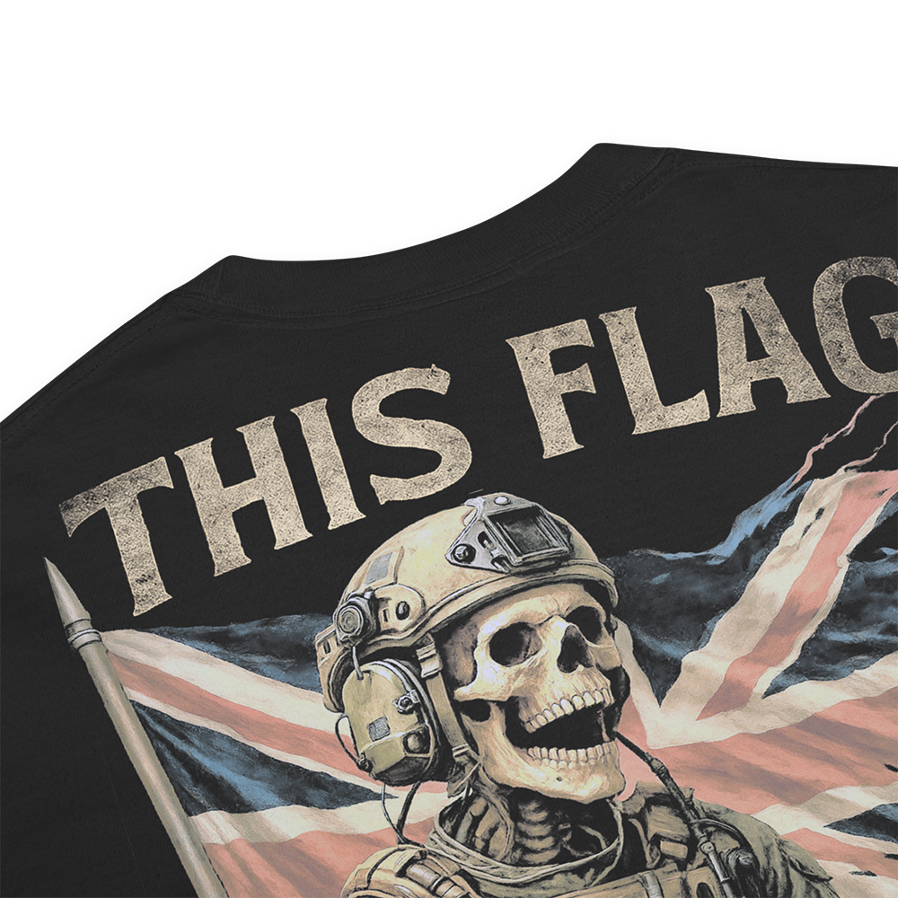 Close up of  back collar of Black short sleeve unisex fit classic cotton T-Shirt by Achilles Tactical Clothing Brand printed with Large This Flag We Defend design across back