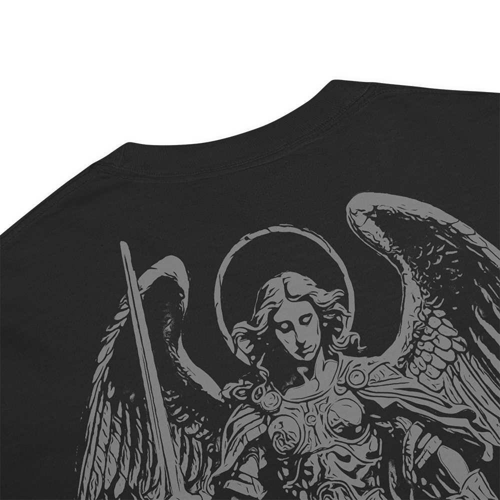 Close up of back collar of Black short sleeve unisex fit classic cotton T-Shirt by Achilles Tactical Clothing Brand printed with Large Saint Michael design across back