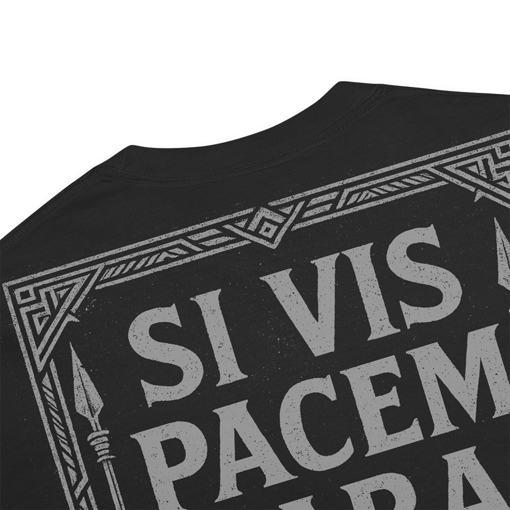 Close up of back collar of Black short sleeve unisex fit classic cotton T-Shirt by Achilles Tactical Clothing Brand printed with Large Si Vis Pacem design across back