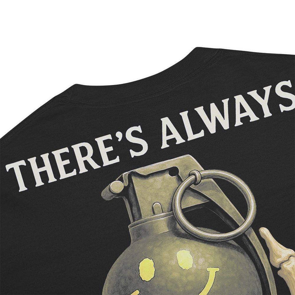 Close up of back collar of Black short sleeve unisex fit classic cotton T-Shirt by Achilles Tactical Clothing Brand printed with Large There's Always Plan B design across back