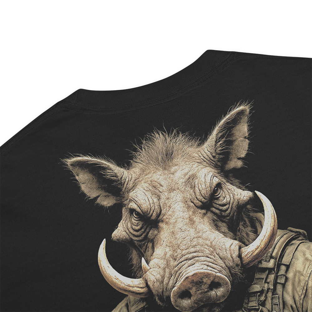 Close up of back collar of Black short sleeve unisex fit classic cotton T-Shirt by Achilles Tactical Clothing Brand printed with Large War pig design across back