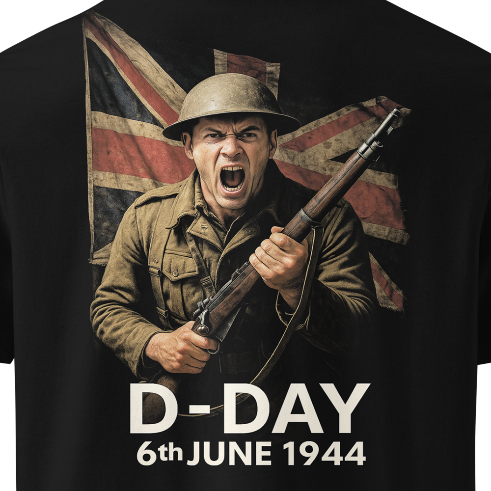 T-shirt with a soldier holding a rifle and British flag, featuring 'D-Day 6th June 1944' text.