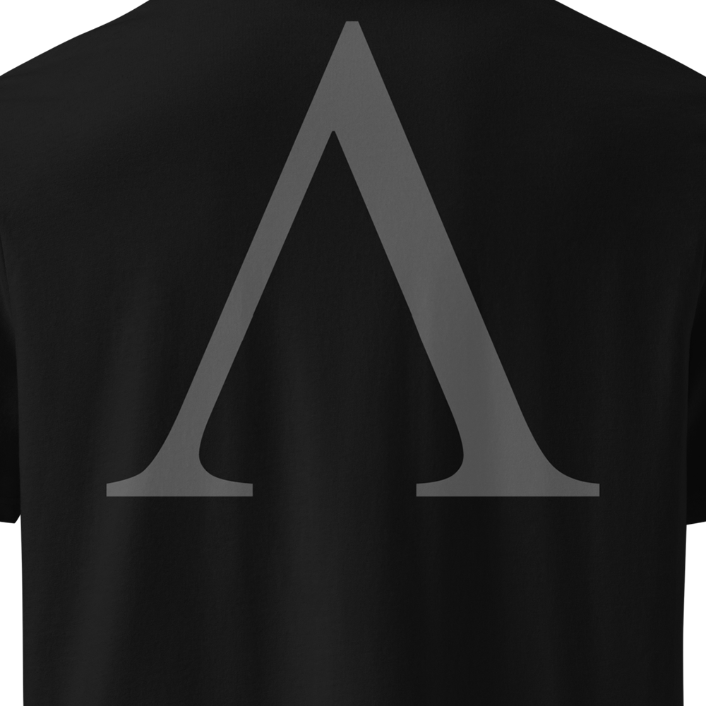 Black t-shirt with a gray symbol on the back