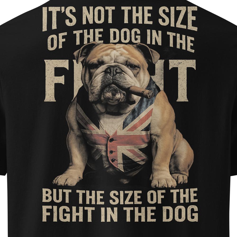 Black t-shirt with a bulldog graphic and text on a white background