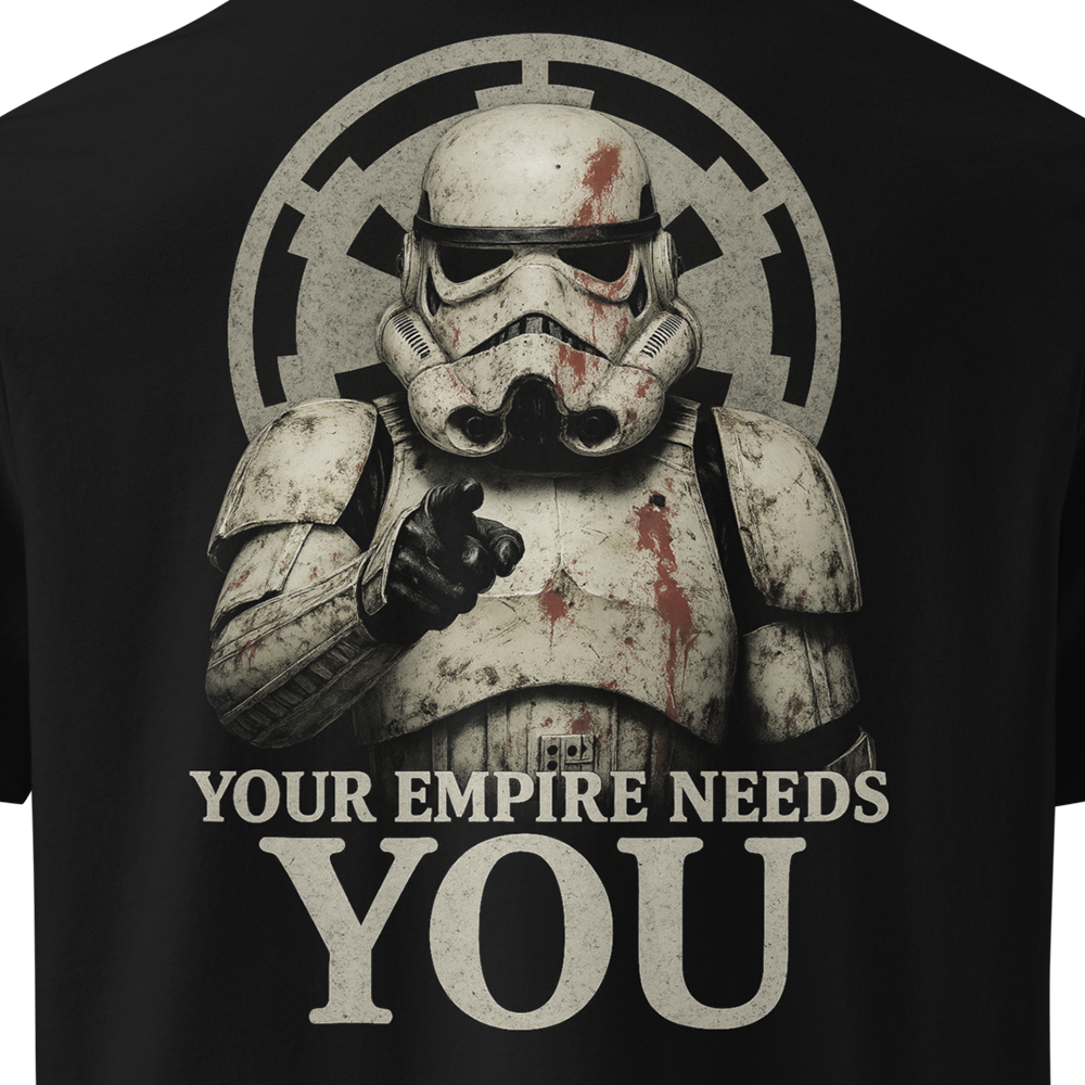 Black t-shirt with a stormtrooper graphic and 'Your Empire Needs You' text on a white background