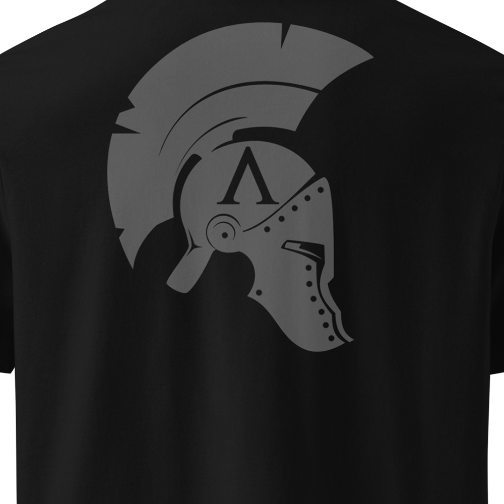 Black t-shirt with a graphic of a helmet and letter 'A' on a plain background