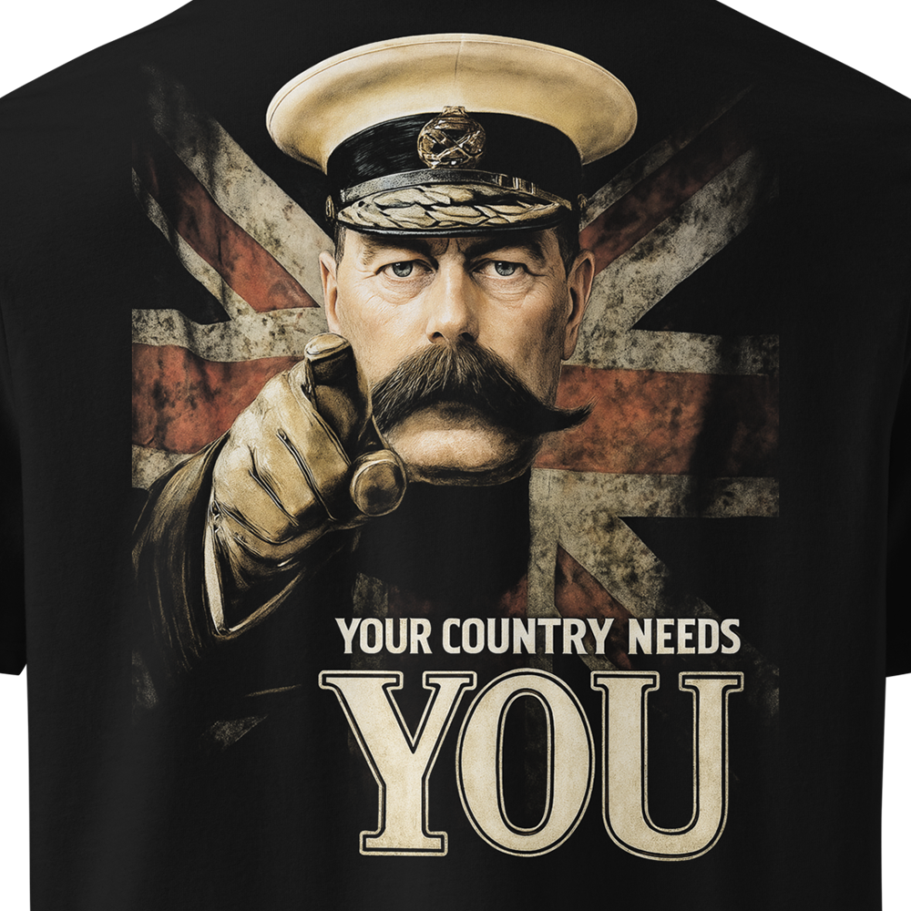 T-shirt with Lord Kitchener and 'Your Country Needs You' text on a black background