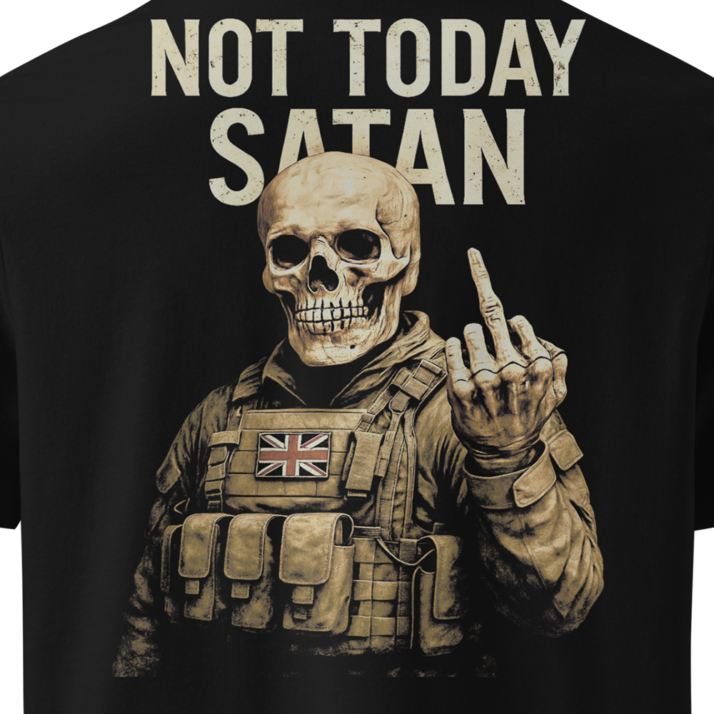 T-shirt with a skull in tactical gear giving the middle finger and 'Not Today Satan' text.