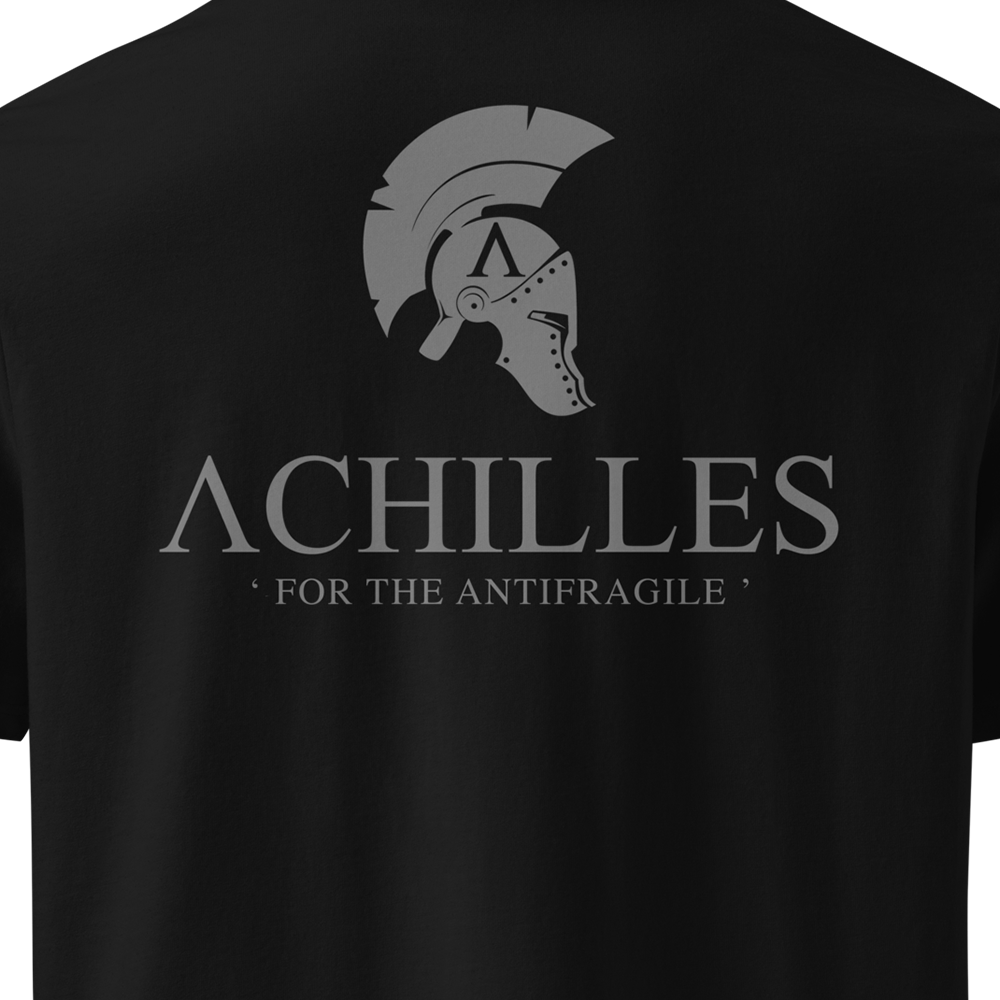 Black t-shirt with 'Achilles' and helmet graphic on a plain background