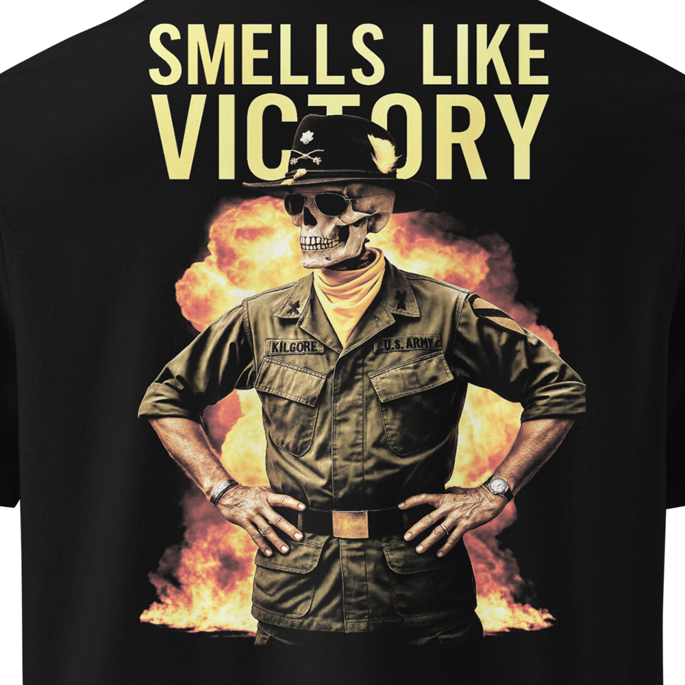 T-shirt with a skeleton in military uniform and 'Smells Like Victory' text on a black background