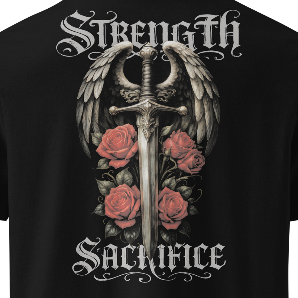 Black t-shirt with a sword and roses design and 'Strength Sacrifice' text on a white background