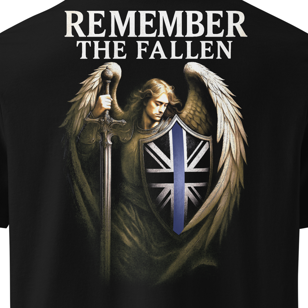 Black t-shirt with an angel holding a sword and shield featuring a Union Jack, text 'REMEMBER THE FALLEN'.