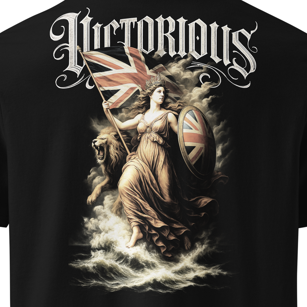 Black t-shirt with a graphic of a classical woman holding a British flag and shield, labeled 'Victorious'.
