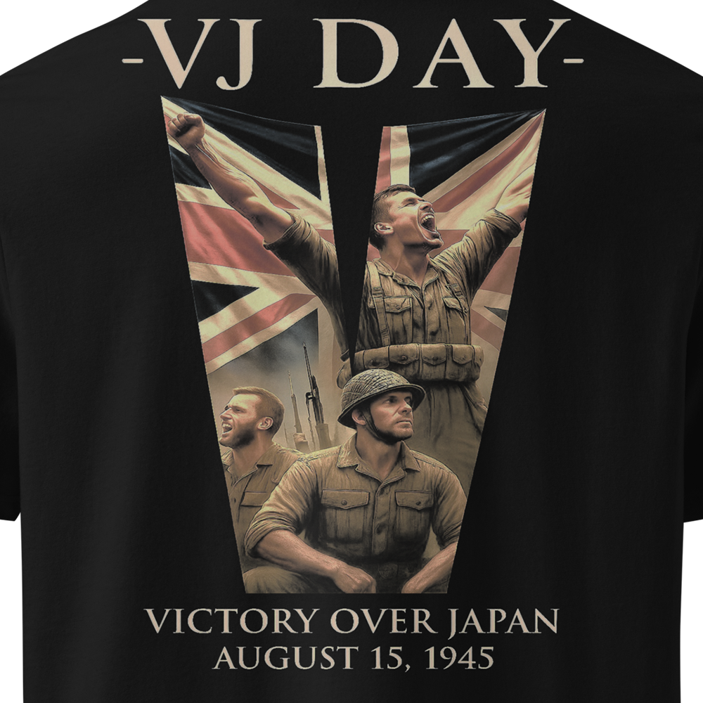Black t-shirt with a graphic of soldiers and a flag, celebrating VJ Day.