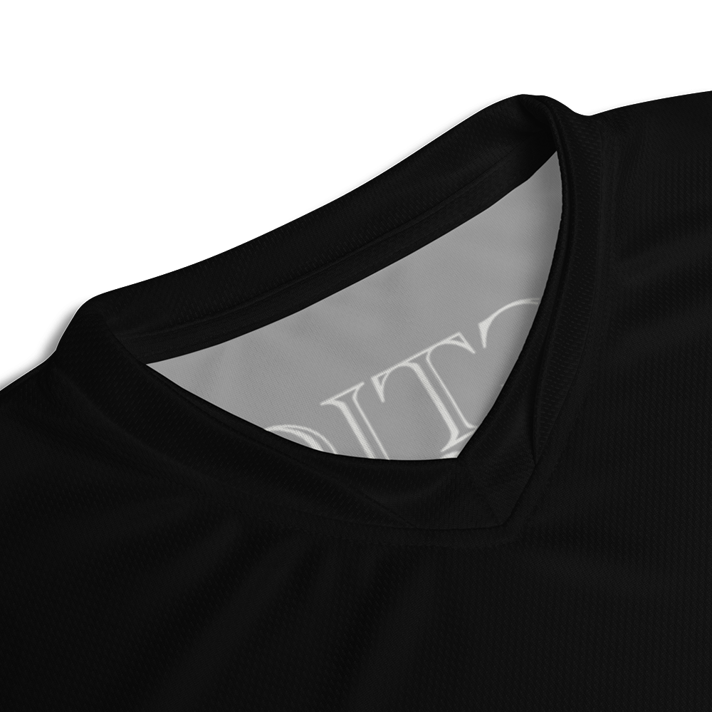 Close up of collar of black short sleeve unisex fit Performance Physical training  PT Jersey by Achilles Tactical Clothing Brand with Tactical Medic Design across back
