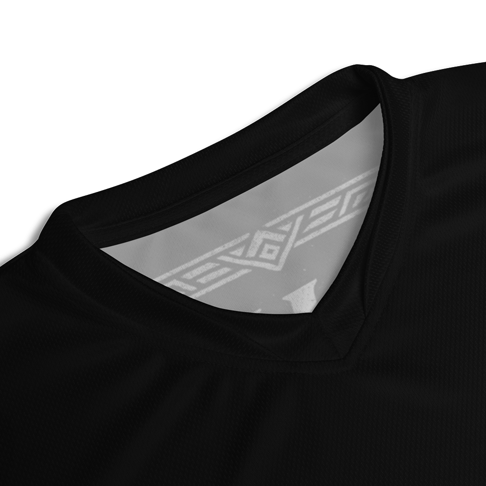 Close up of collar of black short sleeve unisex fit Performance Physical training  PT Jersey by Achilles Tactical Clothing Brand with Si Vis Pacem quote Design across back