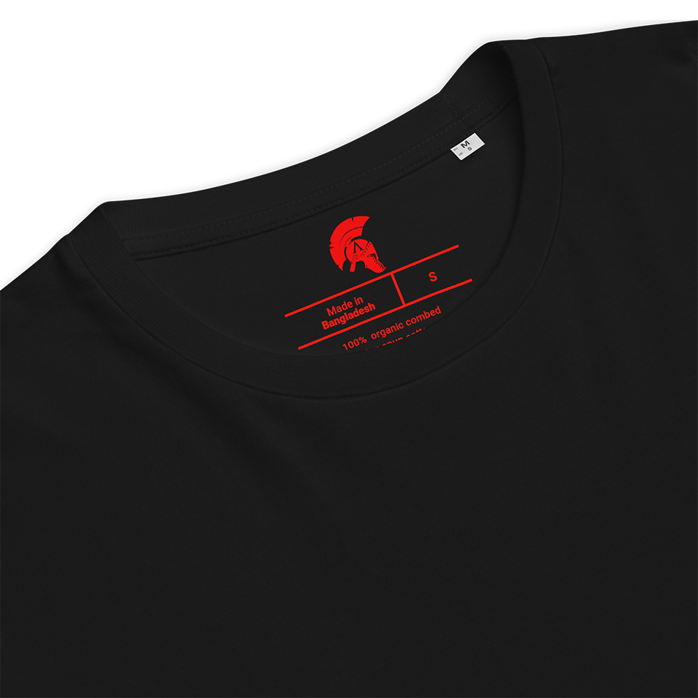 Black t-shirt with red branding on a white background