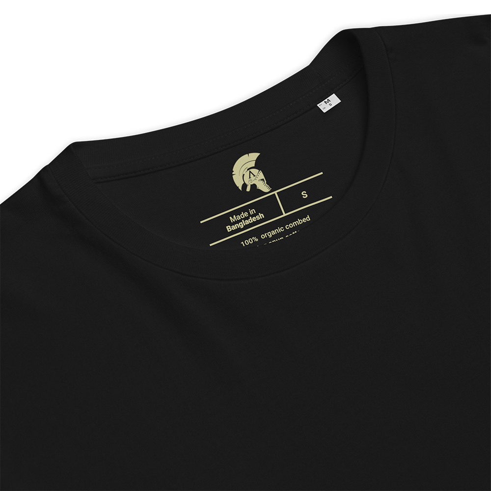 Black t-shirt with a brand logo and text on the collar against a white background