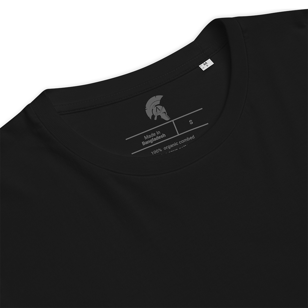 Black t-shirt with brand logo and text on the collar against a white background