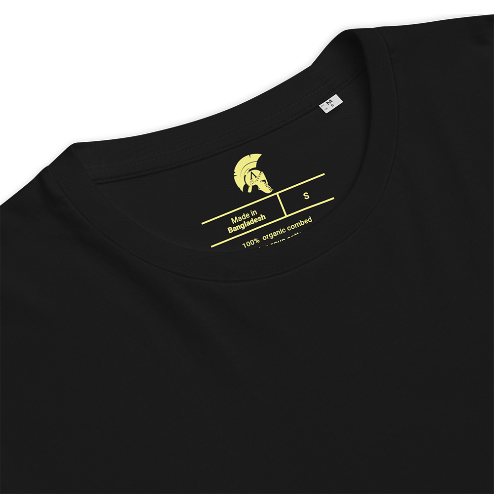 Black t-shirt with yellow label on a white background