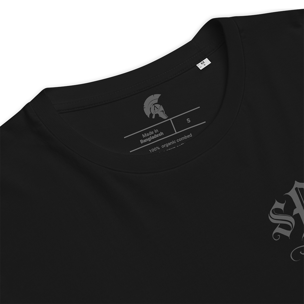 Black t-shirt with brand logo and text on a white background