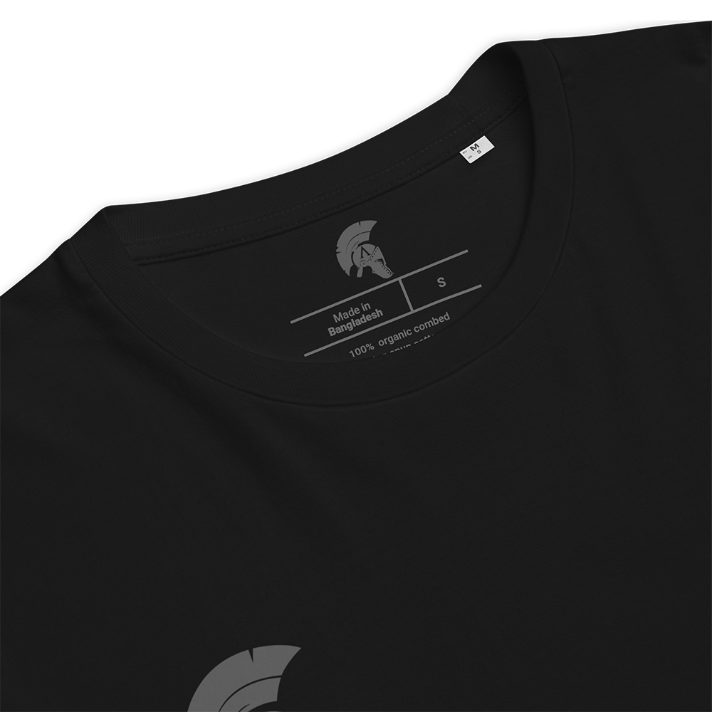 Black t-shirt with brand logo and text on a white background