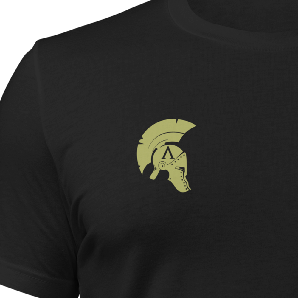 Close up of front chest of Black short sleeve unisex fit original cotton T-Shirt by Achilles Tactical Clothing Brand printed with Royal marines Commando design across back