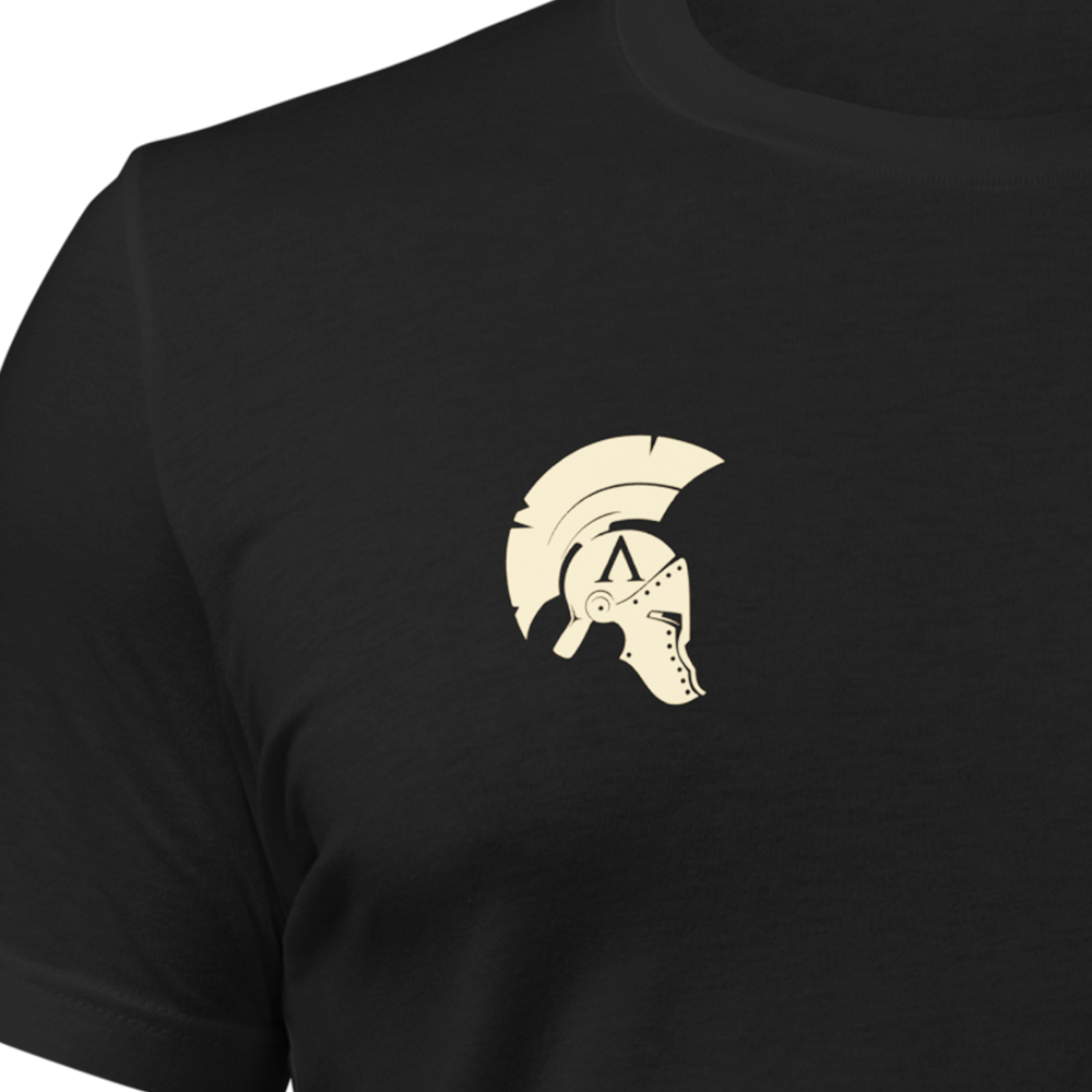 Close up of front chest of Black short sleeve unisex fit original cotton T-Shirt by Achilles Tactical Clothing Brand printed with Small Arms Specialist design across back