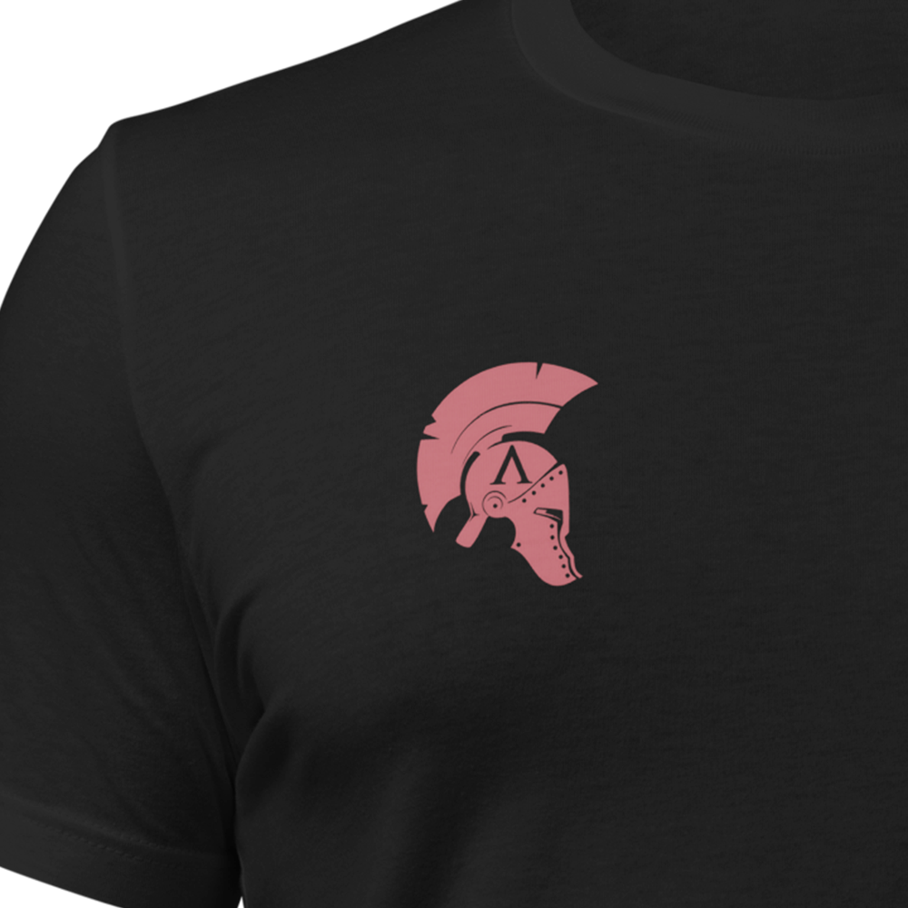 Close up of front chest of Black short sleeve unisex fit original cotton T-Shirt by Achilles Tactical Clothing Brand printed with Parachute regiment airborne design across back