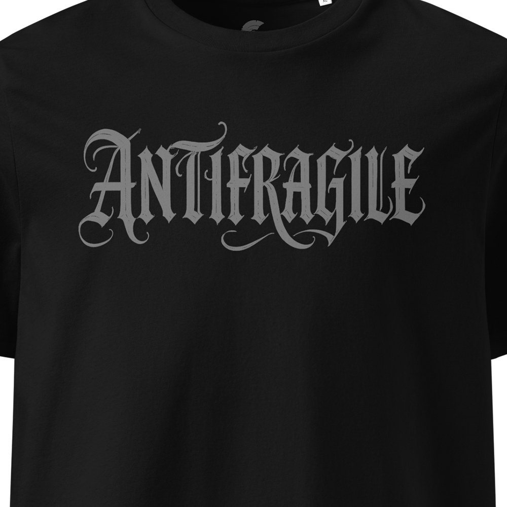 Black t-shirt with 'ANTIFRAGILE' text in gothic font on a white background
