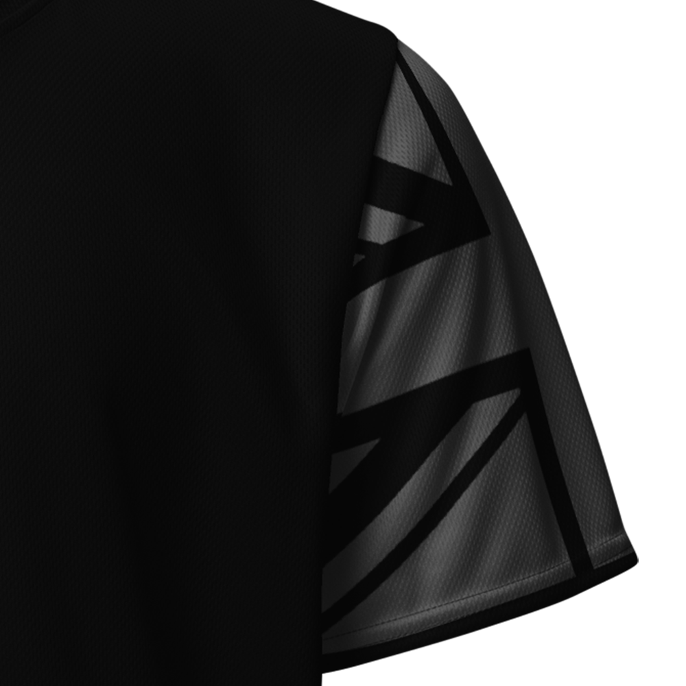 Close up of left sleeve of black short sleeve unisex fit Performance Physical training  PT Jersey by Achilles Tactical Clothing Brand with Si Vis Pacem quote Design across back