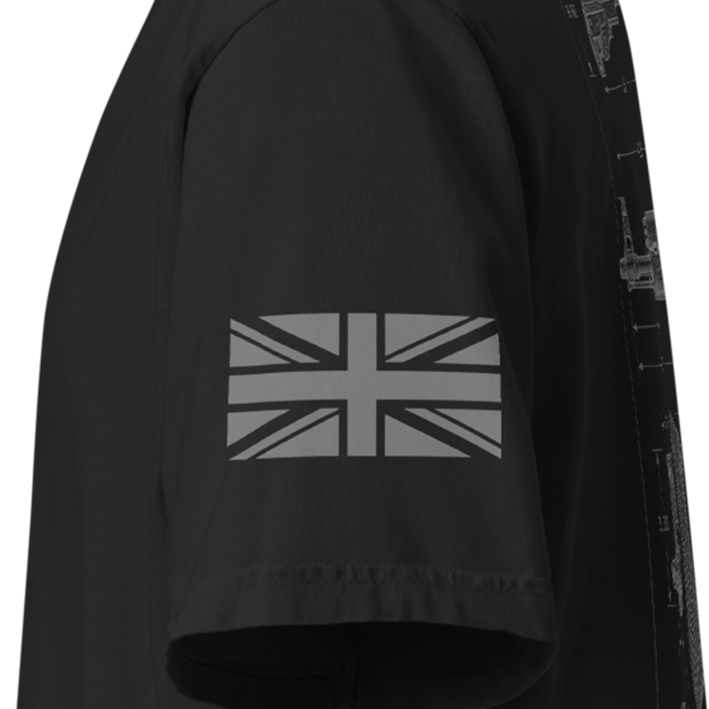 Close up of left sleeve of Black short sleeve unisex fit classic cotton T-Shirt by Achilles Tactical Clothing Brand printed with Large AK-47 design across back
