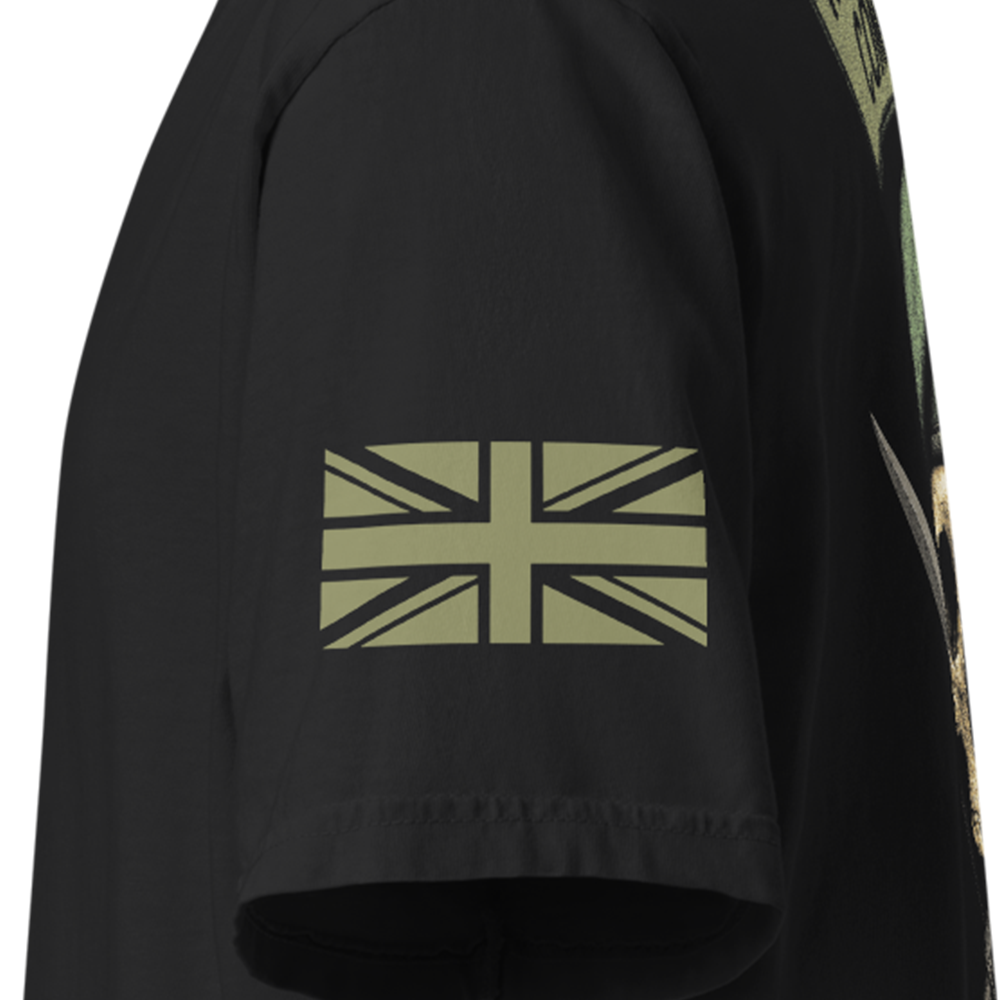 Close up of left sleeve of Black short sleeve unisex fit classic cotton T-Shirt by Achilles Tactical Clothing Brand printed with Large Royal Marines Commando design across back 