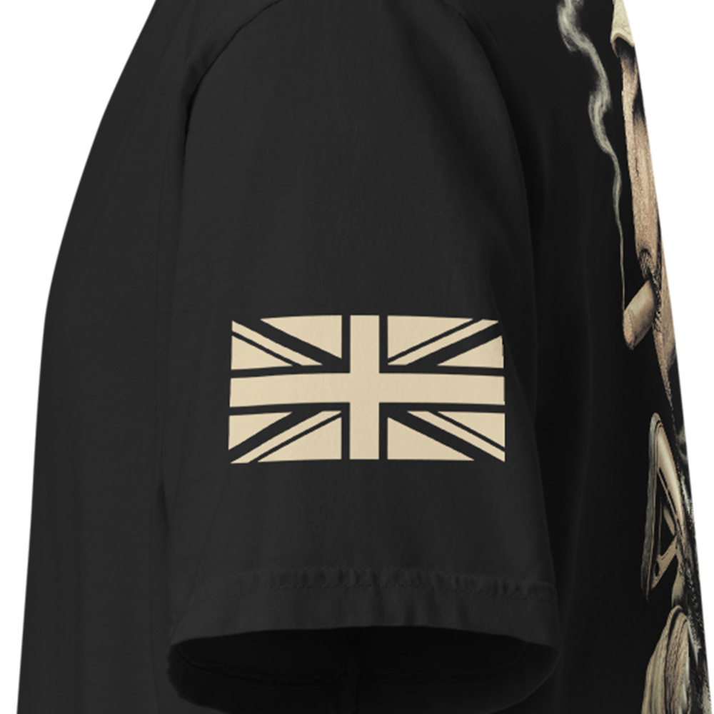 Close up of left sleeve of Black short sleeve unisex fit classic cotton T-Shirt by Achilles Tactical Clothing Brand printed with Large Small Arms Specialist design across back