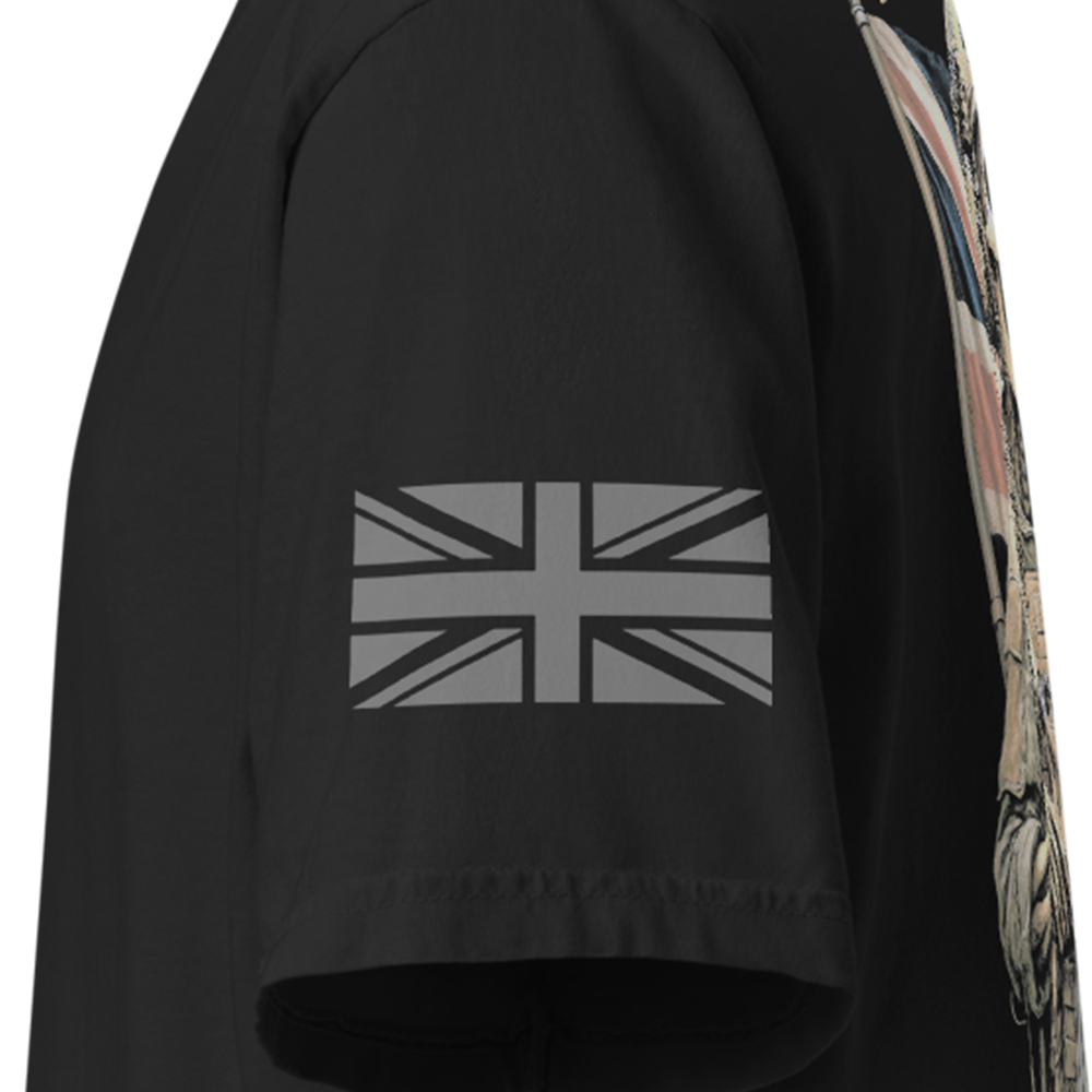 Close up of left sleeve of Black short sleeve unisex fit classic cotton T-Shirt by Achilles Tactical Clothing Brand printed with Large This Flag We Defend design across back