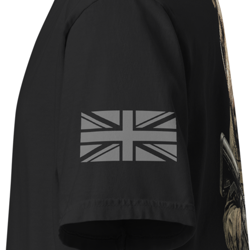 Close up of left sleeve of Black short sleeve unisex fit classic cotton T-Shirt by Achilles Tactical Clothing Brand printed with Large War pig design across back