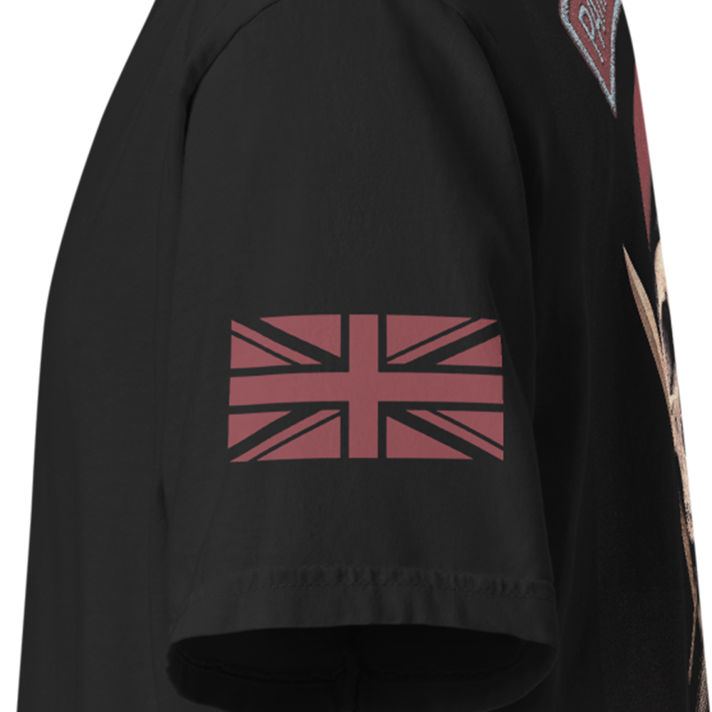 Close up of left sleeve of Black short sleeve unisex fit classic cotton T-Shirt by Achilles Tactical Clothing Brand printed with Large Parachute Regiment Airborne design across back
