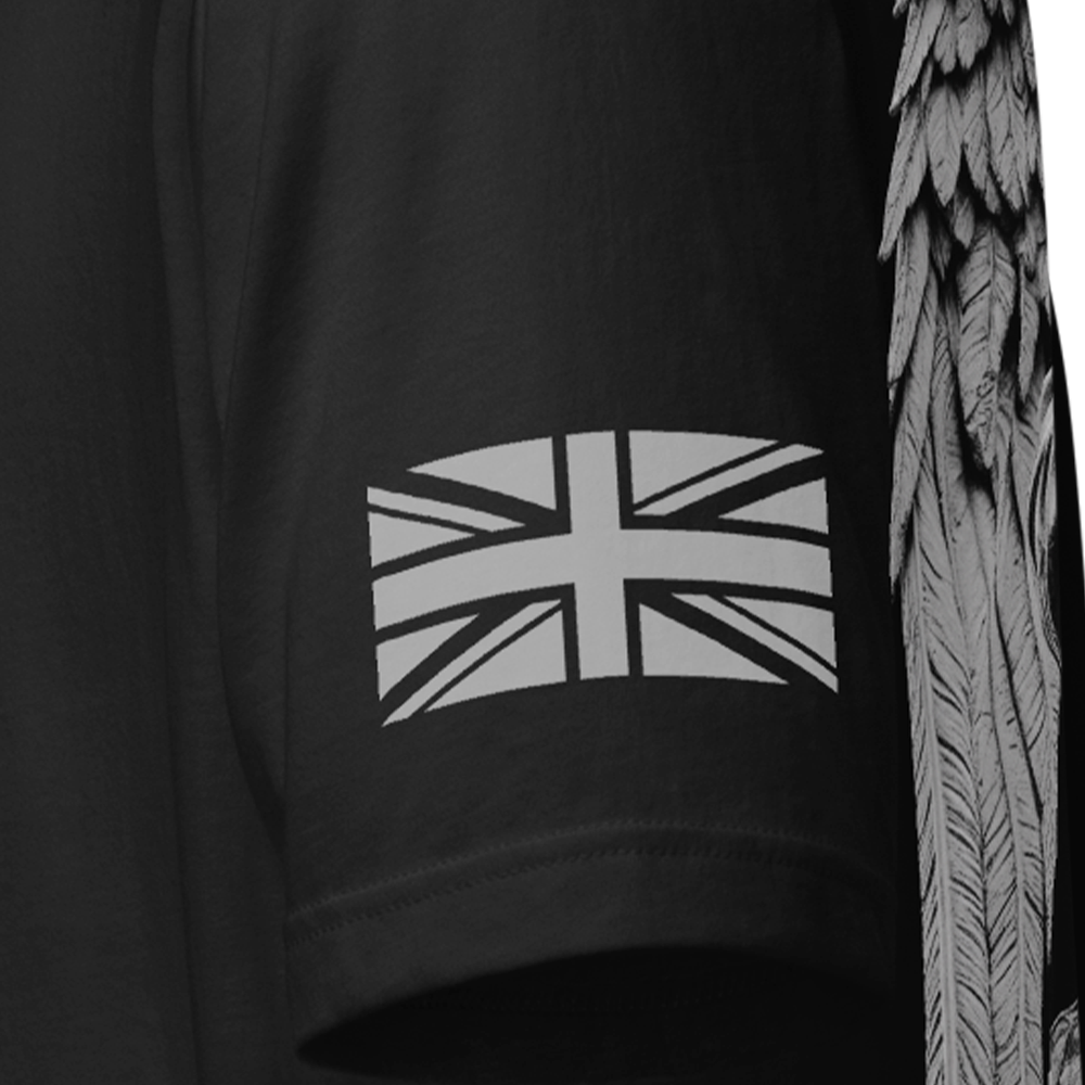 Close up of left sleeve of Black short sleeve unisex fit original cotton T-Shirt by Achilles Tactical Clothing Brand printed with Armed Angel design across back