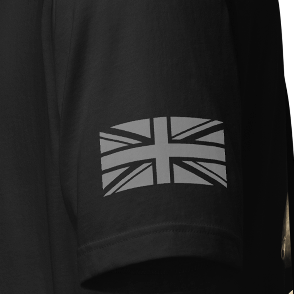 Close up of left sleeve of Black short sleeve unisex fit original cotton T-Shirt by Achilles Tactical Clothing Brand printed with Atomic bomb design across back