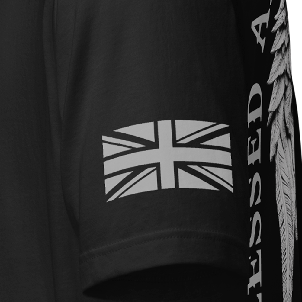 Close up of left sleeve of Black short sleeve unisex fit original cotton T-Shirt by Achilles Tactical Clothing Brand printed with Blessed are the peacemakers design across back