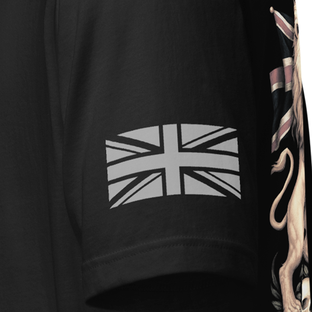 Close up of left sleeve of Black short sleeve unisex fit original cotton T-Shirt by Achilles Tactical Clothing Brand printed with Dieu Et Mon Droit design across back