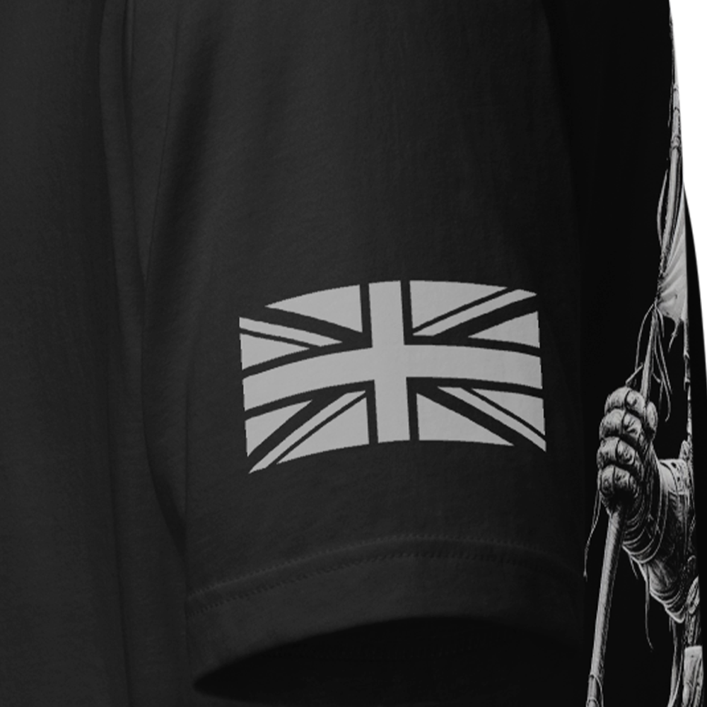 Close up of left sleeve of Black short sleeve unisex fit original cotton T-Shirt by Achilles Tactical Clothing Brand printed with English Knight design across back