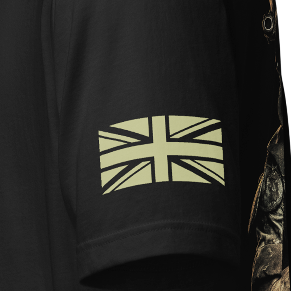 Close up of left sleeve of Black short sleeve unisex fit original cotton T-Shirt by Achilles Tactical Clothing Brand printed with Game over design across back