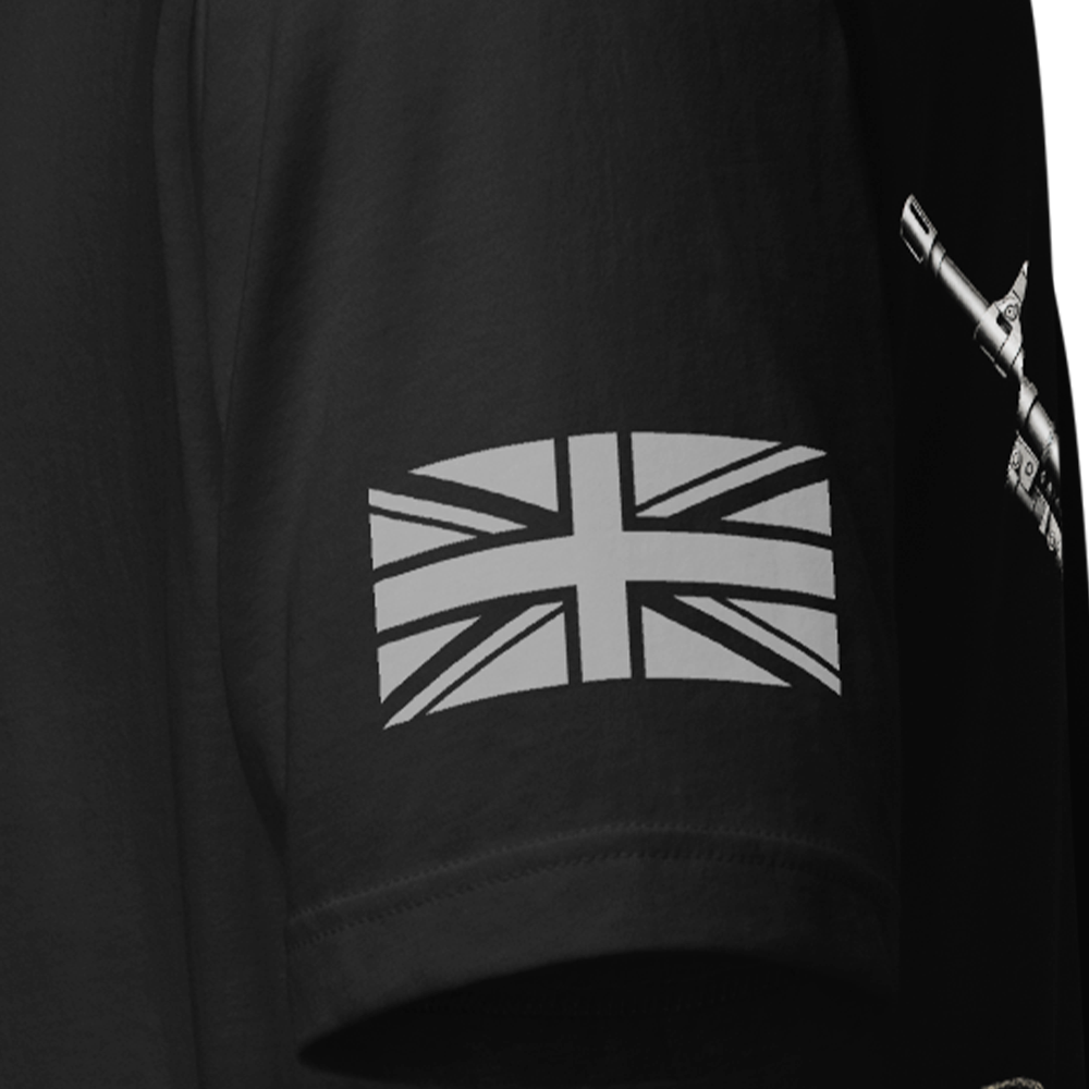 Close up of left sleeve of Black short sleeve unisex fit original cotton T-Shirt by Achilles Tactical Clothing Brand printed wi Machine Gunner design across back