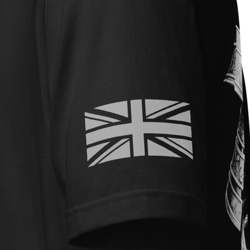 Close up of left sleeve of Black short sleeve unisex fit original cotton T-Shirt by Achilles Tactical Clothing Brand printed with Ronin Ghost Grey design across back