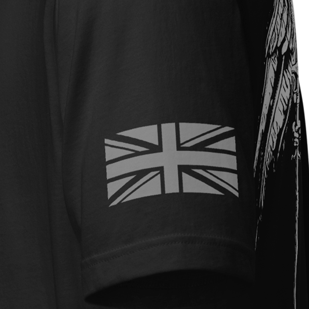 Close up of left sleeve of Black short sleeve unisex fit original cotton T-Shirt by Achilles Tactical Clothing Brand printed with Saint Michael design across back