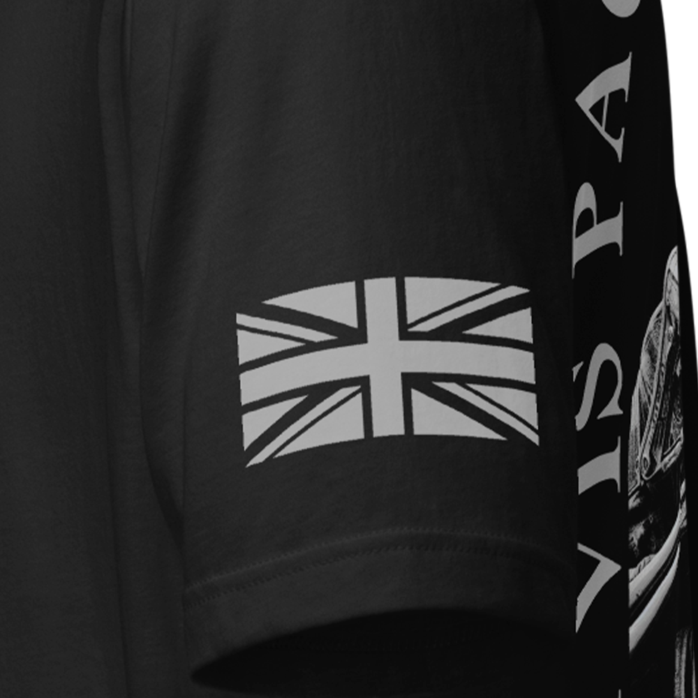 Close up of left sleeve of Black short sleeve unisex fit original cotton T-Shirt by Achilles Tactical Clothing Brand printed with Si Vis Pacem Para Bellum design across back