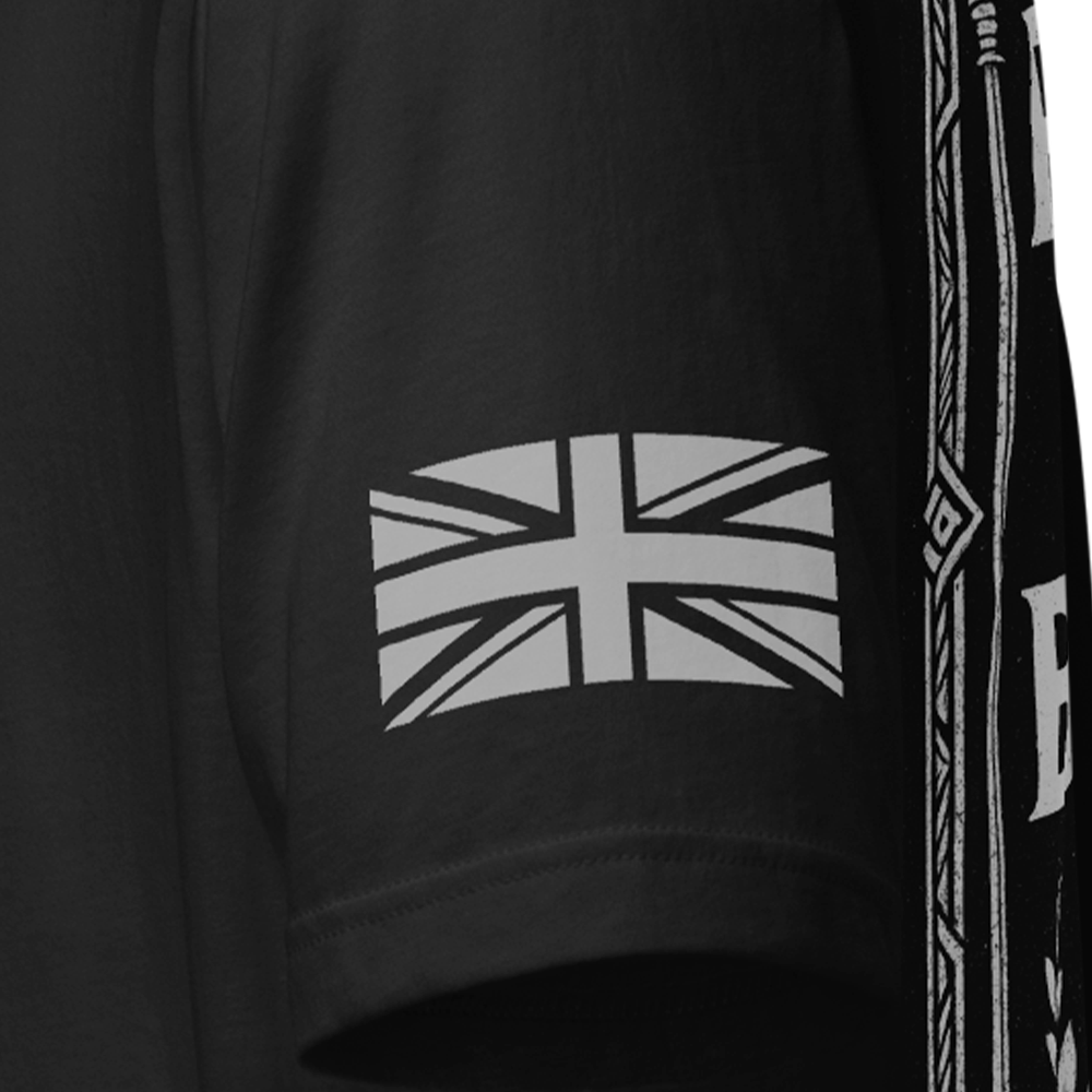 Close up of left sleeve of Black short sleeve unisex fit original cotton T-Shirt by Achilles Tactical Clothing Brand printed with Si Vis Pacem Quote design across back